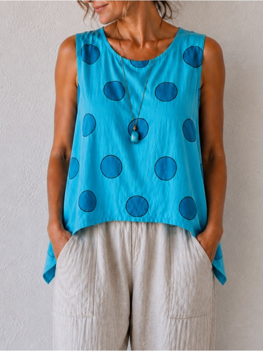 Chalet Et Ceci Linen Tank Top 1X Lagenlook Artsy Polka Dot Asymmetrical Teal